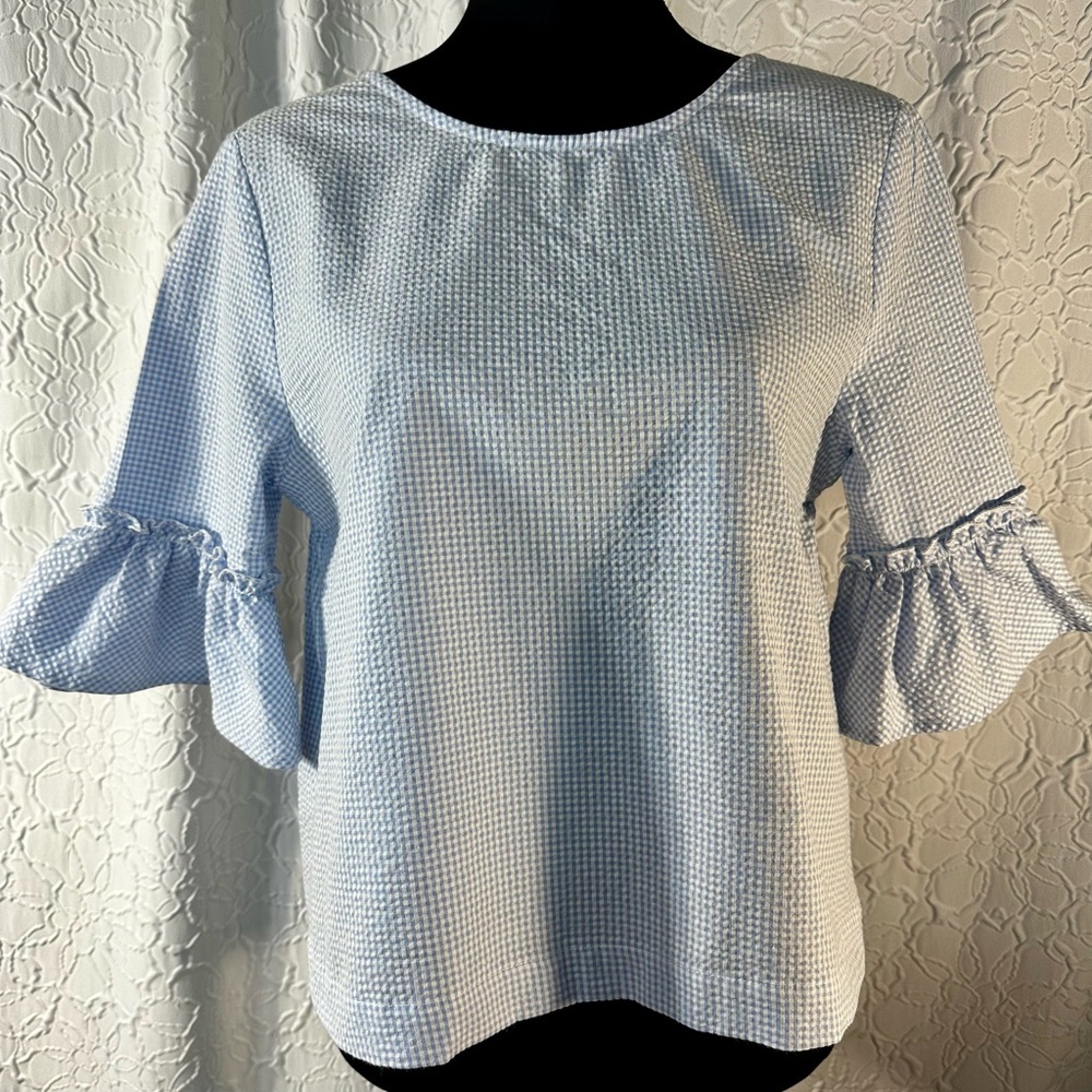 MAVEN WEST- Women’s Blue &White Ruffled Bell Sleeve Top (S)